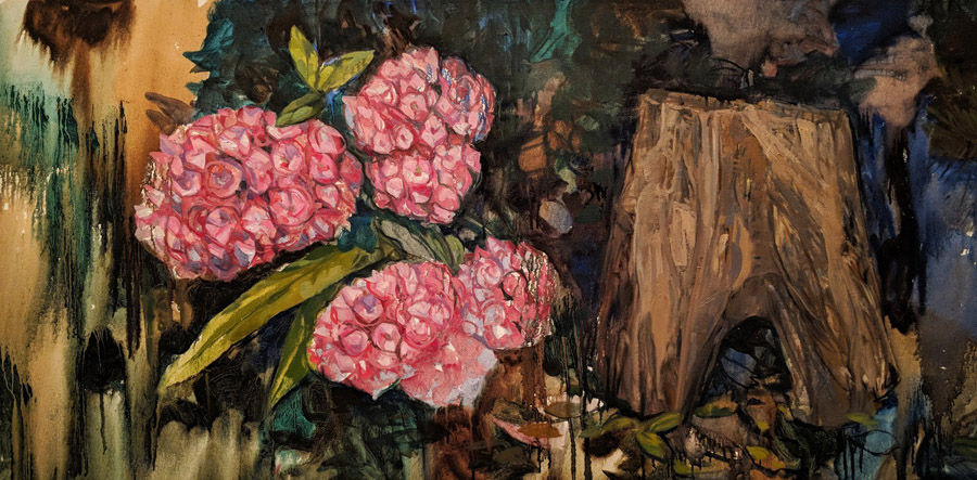 Pink Flowers and a Log, oil on canvas, 24 x 48