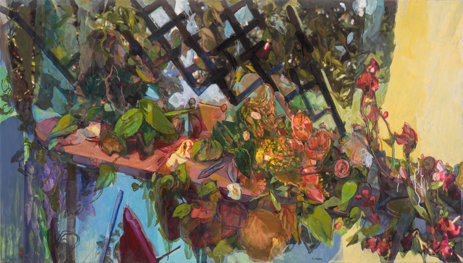 The Gardener's Table 1, oil painted over my enlarged photograph printed on canvas, 34 x 60&quot;