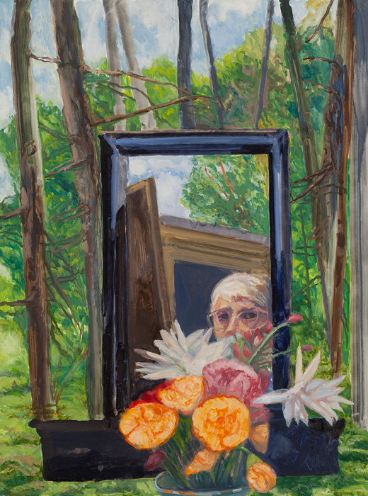 Flowers and Self-Portrait, oil on canvas, 24 x 18”