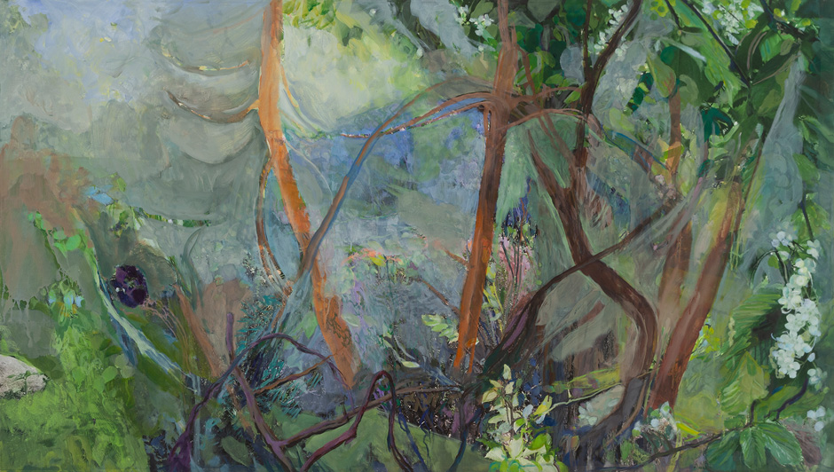 Mist Veiled Hillside, oil painting over enlarged photo of my oil painting, 44 x 32”
