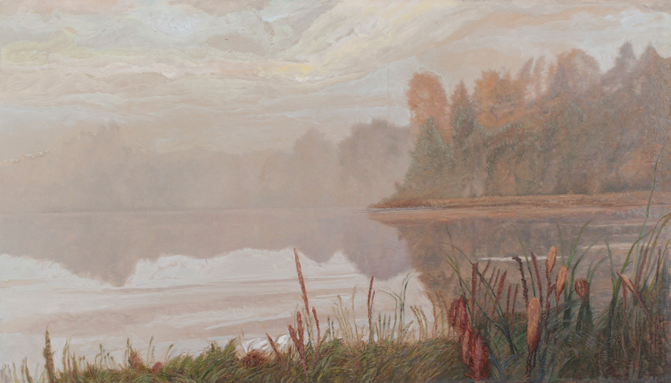 Silvery Lake, oil painting over enlarged photo of my oil painting, 36 x 64”