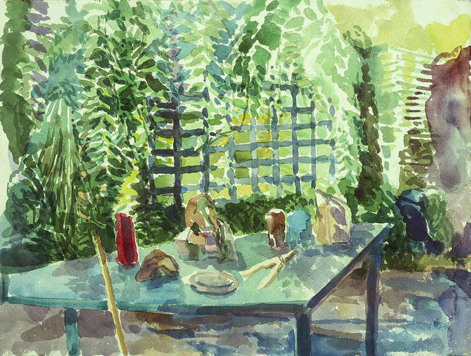 Mill Garden and the Gardener's Table, watercolor, 18 x 24